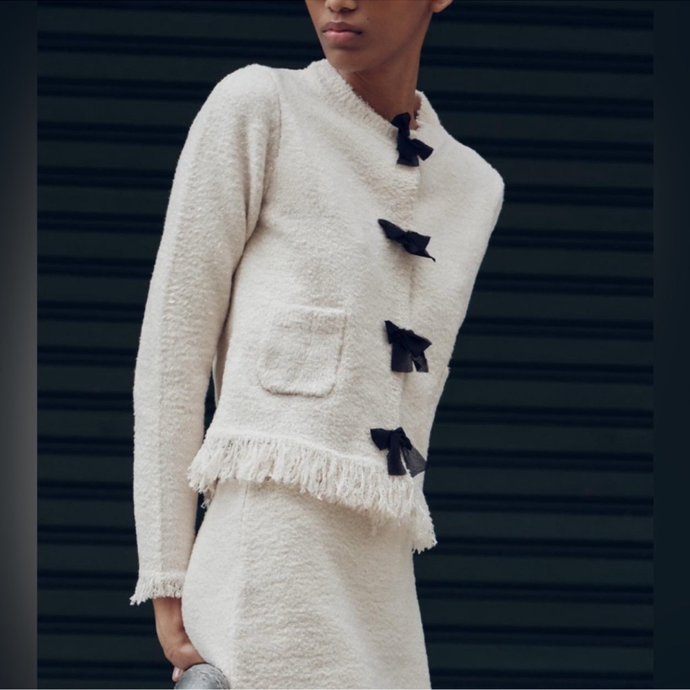 Zara Cream Bouclé Jacket with Black Bow Accents